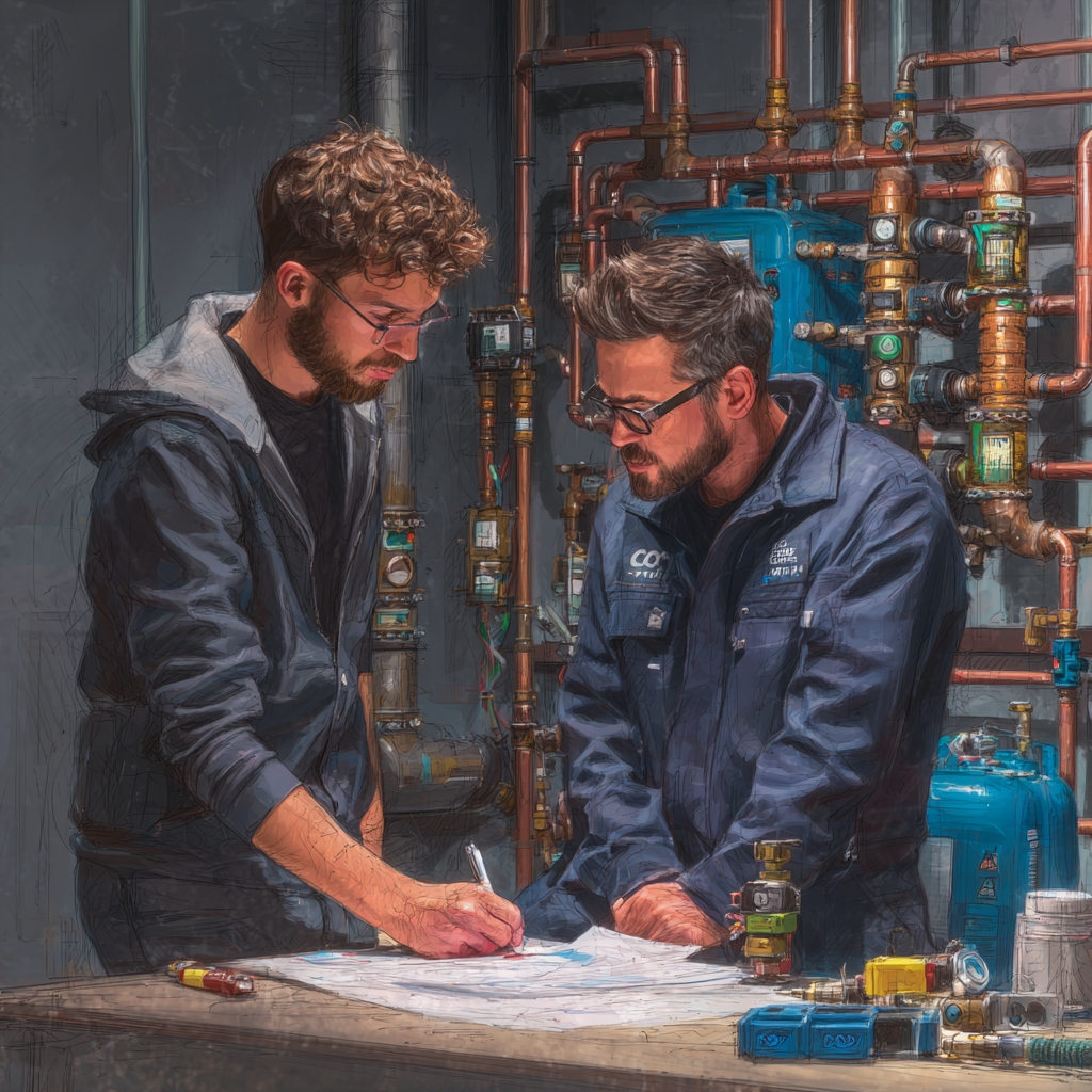 Apprenti plombier chauffagiste en formation avec un mentor expérimenté dans un atelier professionnel